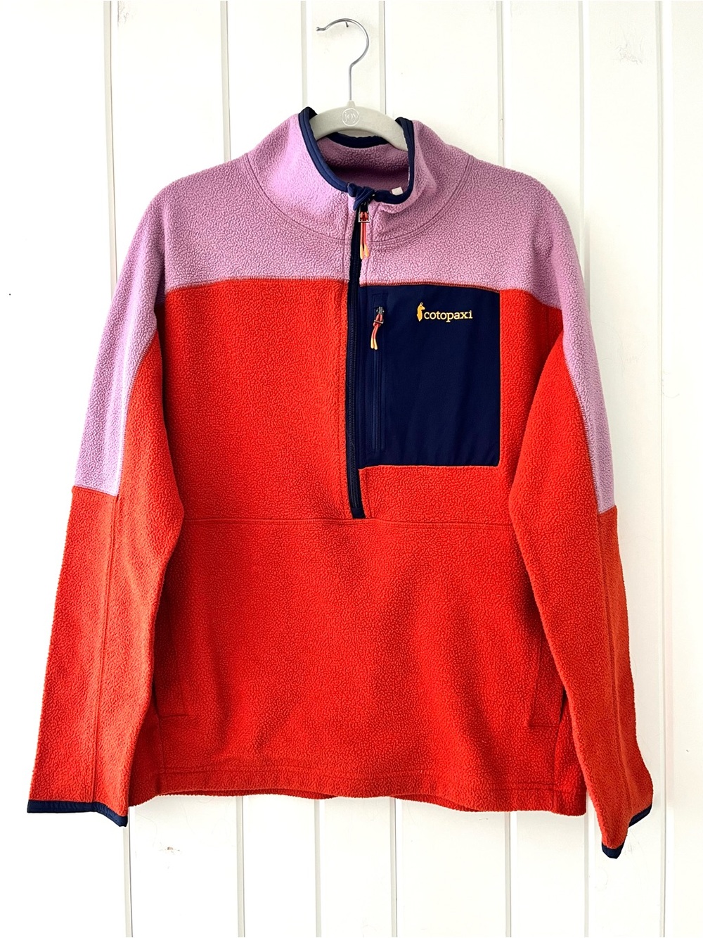 Cotopaxi Abrazo Fleece Half-Zip Jacket in Orange, Purple, Navy. Sz L (P2P 22”)